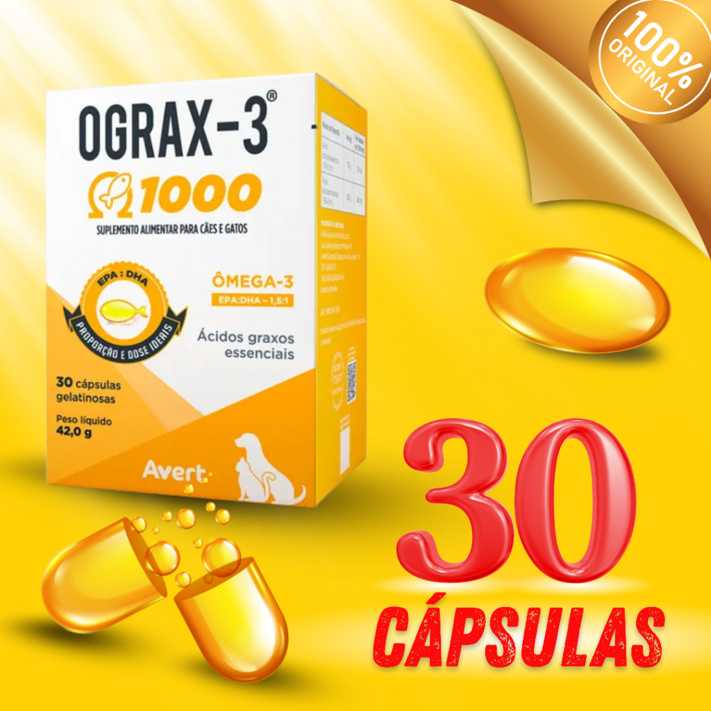 Ograx 1000 mg Omega-3 Avert Para Cães E Gatos 30 Capsulas