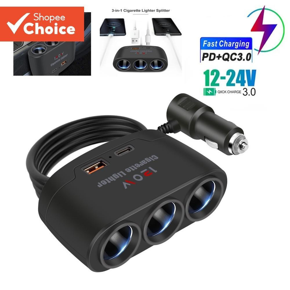 Adaptador 3 em 1  de Carregador de Carro 12V-24V | Divisor de Isqueiro 3 Soquetes + 2 Portas USB com LED e Carga Rápida em Oferta na Shopee