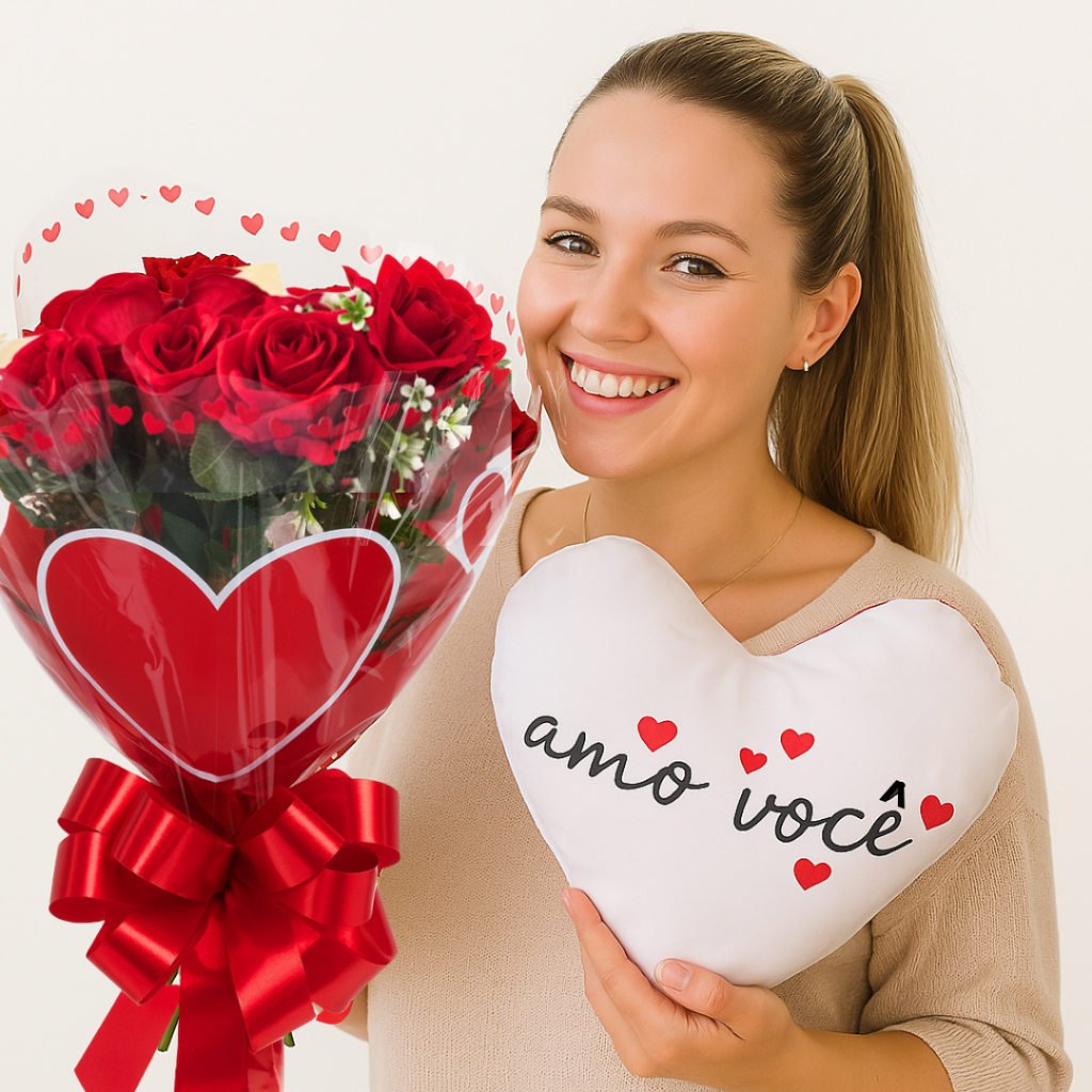 rosas vermelhas buque + almofada coração presente romântico dia das maes namorada em Oferta na Shopee