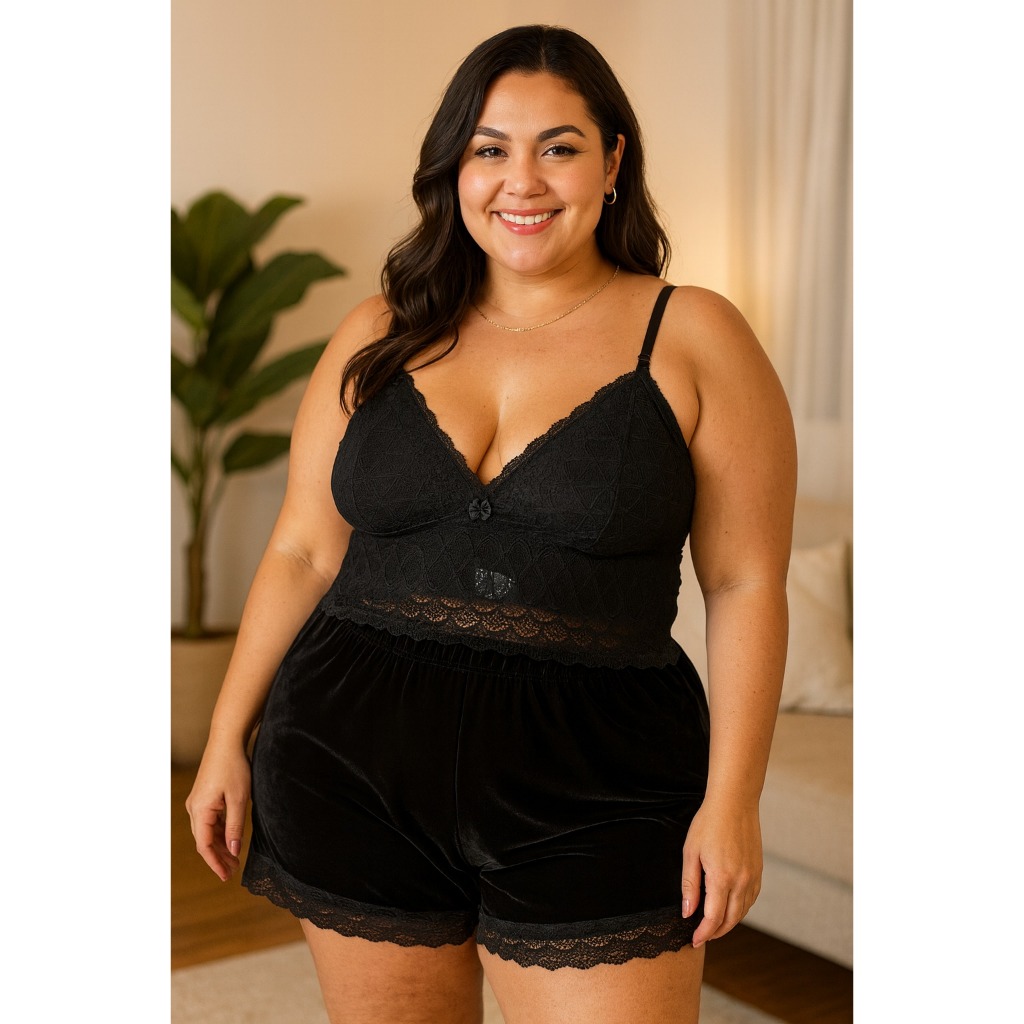 Baby Doll Plus Size Cropped em Renda Short com Elástico Reforçado cós Pijama Grande Roupa de Dormir Confortável