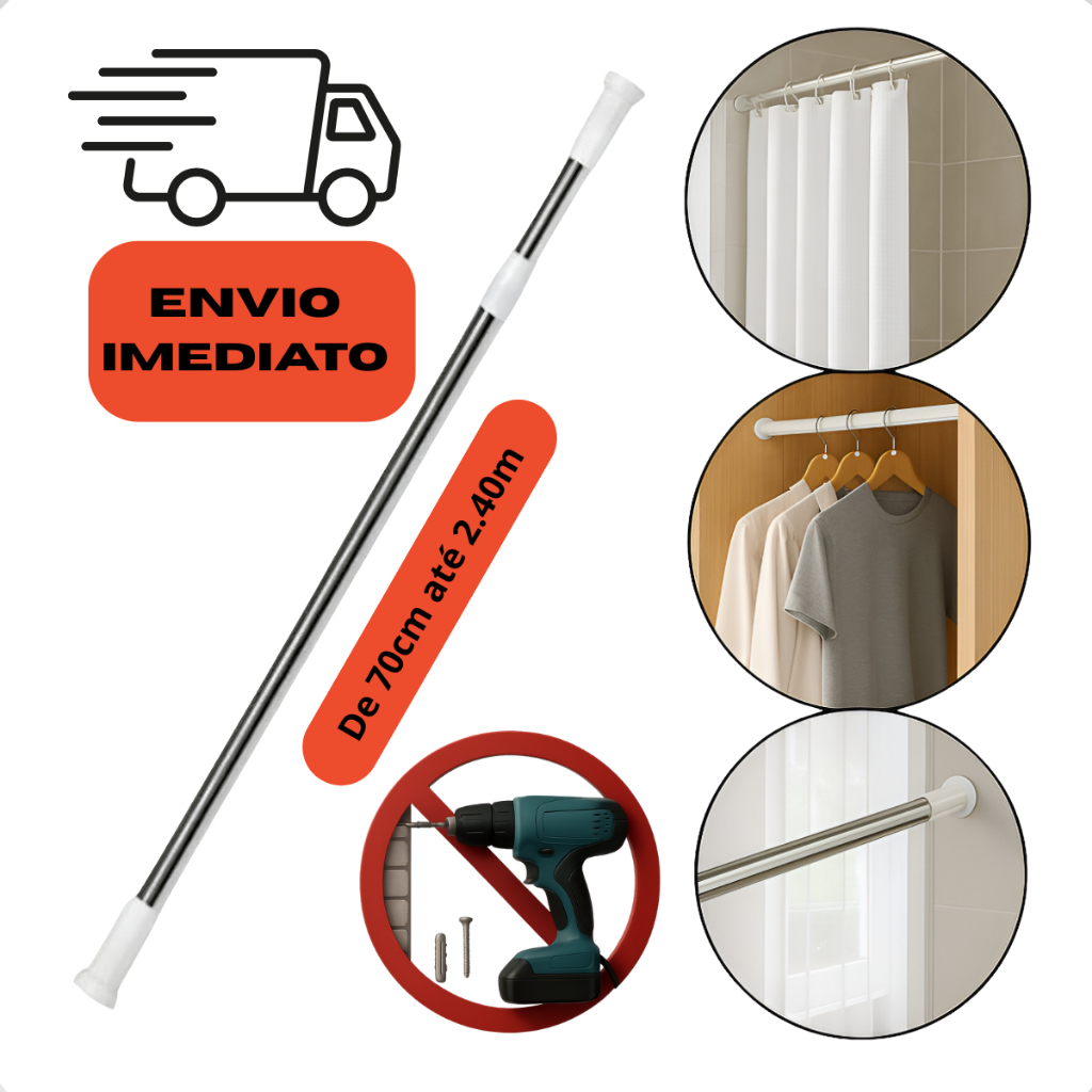 Varão Extensivel Tubo Bastão Barra Ajustável Para Cortina Box de Banheiro Divisória 70cm até 2m em Oferta na Shopee