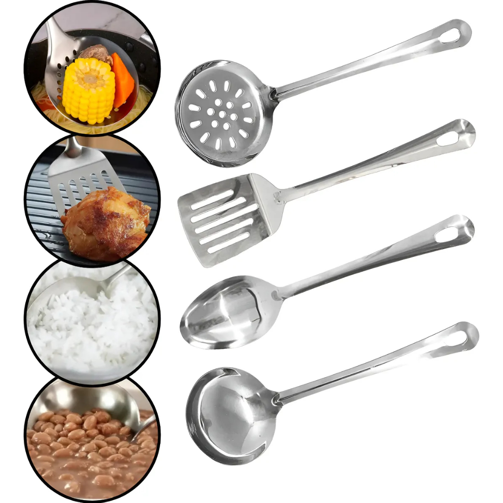 Utensilios para Cozinha INOX 4pçs - Espatula Escumadeira Colher de Arroz Concha Louça Comida Casa