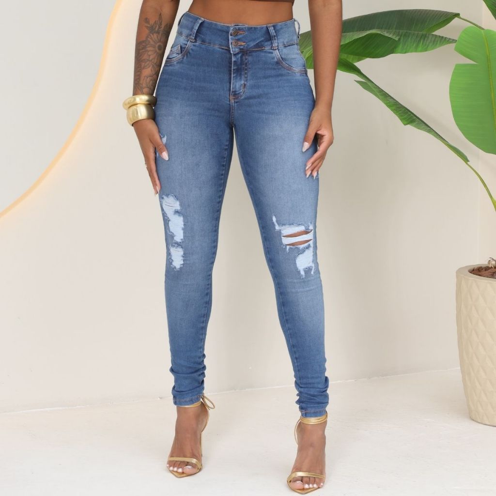 1448 - Calça Jeans Feminina Skinny Pala Coração  Cintura Média  Destroyed Dois Botões Carmen Carmenere em Oferta na Shopee