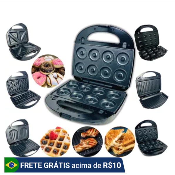 Máquina Antiaderente 6 Em 1 Grill/ Donuts/Waflle/ Sanduíche/ Torrada/Grelhados/ Potente/Prática 110V