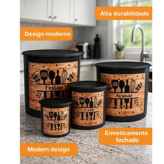 Kit 5 Potes de Mantimentos Plásticos Decorados – Porta Mantimentos com Talheres | Organizadores de Cozinha em Oferta na Shopee