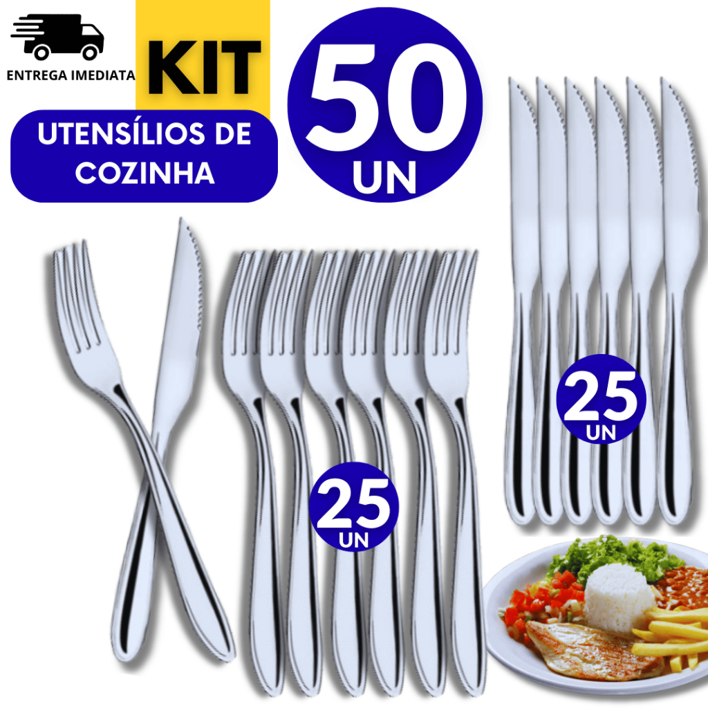 KIT 50 Talheres Inox 25 Faca 25 Garfo Casa Cozinha Restaurante Buffet Hotéis Qualidade Resistência Utilidades