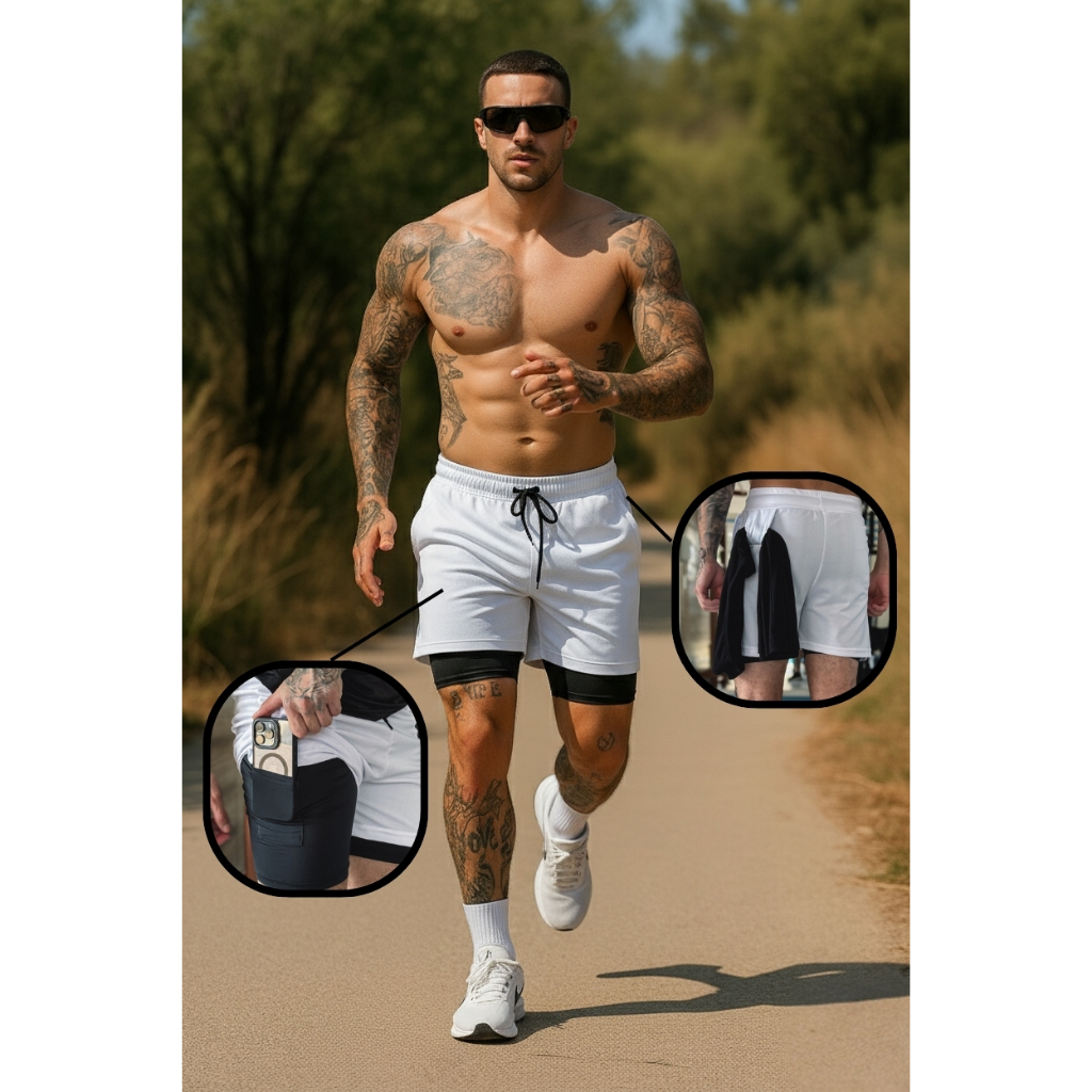 Short bermuda academia Masculino Duplo 2 Em 1 Para Corrida ciclismo Bolso Interno