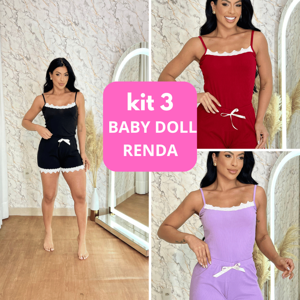 Kit 3 Pijamas Baby Doll Sexy Short Doll Feminino Detalhe de Renda luxo