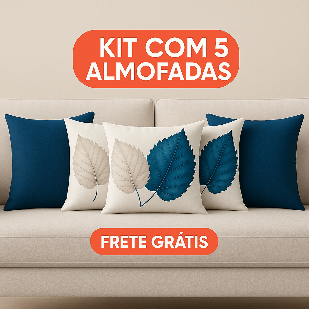 Kit 5 Almofadas Suede 45x45 Azul Marinho e Folhas Brancas Sublimação Premium Estilo Moderno Luxo