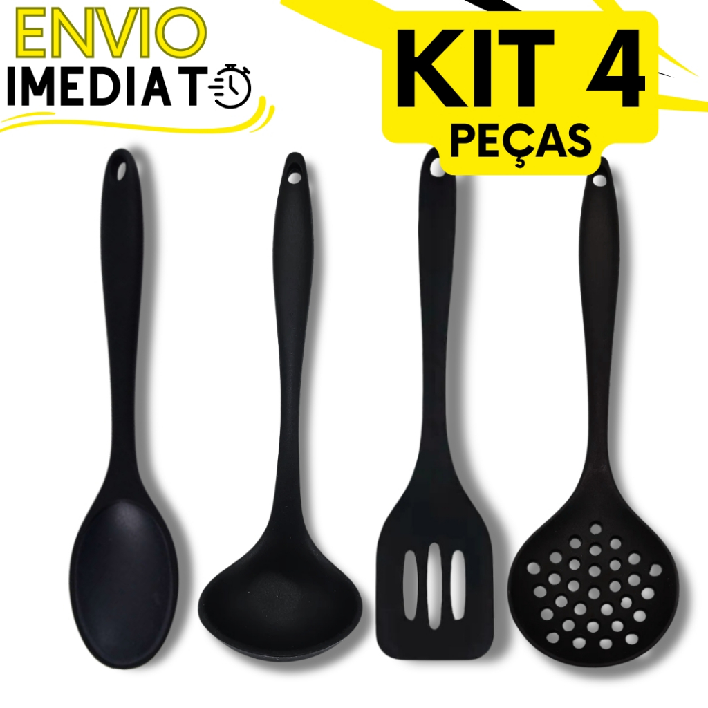 KIT Jogo 4 Utensílios de Cozinha Casa Silicone Resistente Colher Concha Escumadeira Espátula Não Risca a Panela MINI em Oferta na Shopee