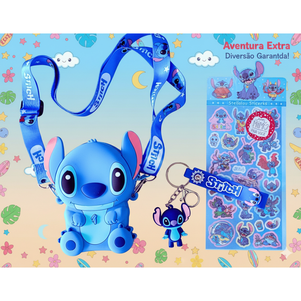 Kit Bolsinha E Chaveiro Stitch Com Adesivo Bolsa Stitch Silicone Azul Pequena Mini Bolsa tiracolo Lilo Stitch Presente