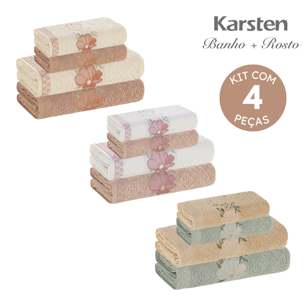 Jogo De Toalha Banho e Rosto 4 Peças 100% Algodão Ótima Absorção Karsten Yuna