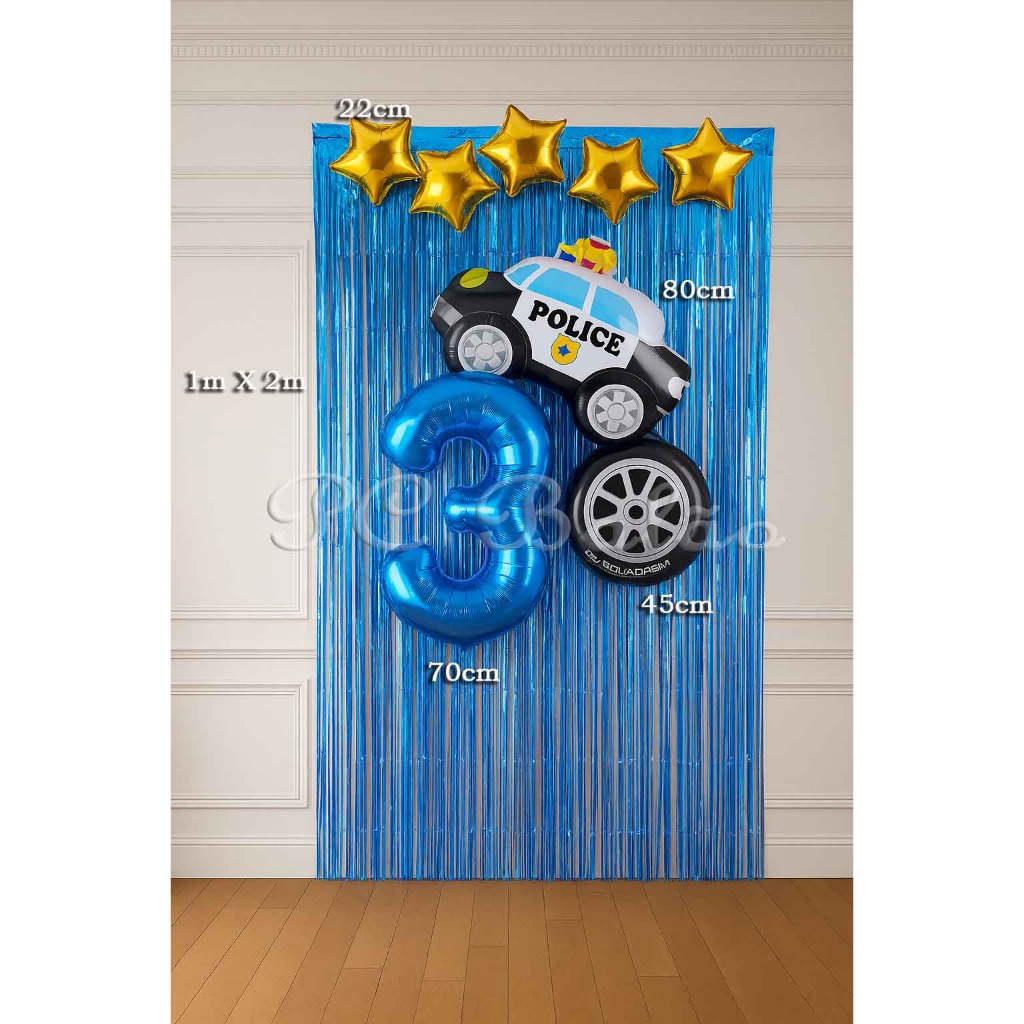 Kit 9 - Balão Metalizado 1 CARRO DE POLÍCIA GIGANTE 1 RODA  + N° 70CM AZUL 5 ESTRELAS 1 CORTINA AZUL em Oferta na Shopee