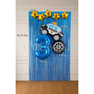 Kit 9 - Balão Metalizado 1 CARRO DE POLÍCIA GIGANTE 1 RODA  + N° 70CM AZUL 5 ESTRELAS 1 CORTINA AZUL em Oferta na Shopee