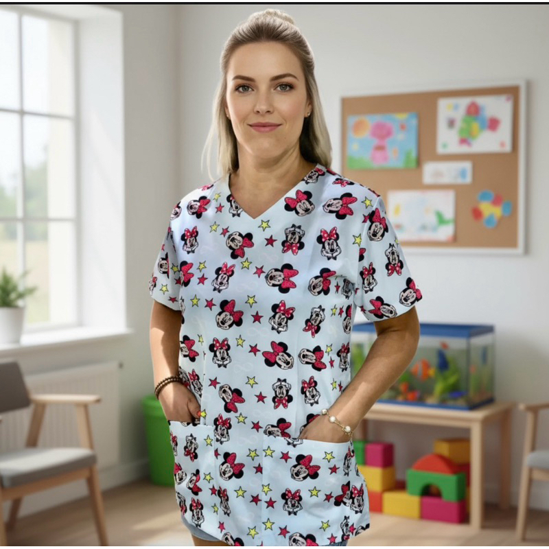 Blusa feminina Pijama Bata Camisa Scrub privativo Minnie Hospitalar Cirúrgico feminina enfermagem