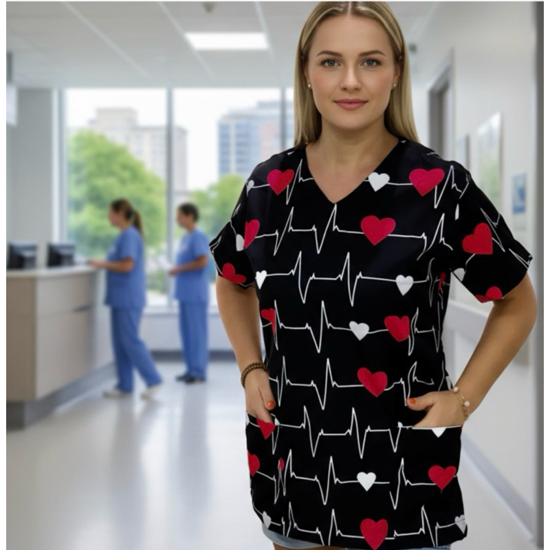 Blusa Bata Camisa Estampada Scrub Pijama Hospitalar Cirúrgico feminina raio coração preta enfermagem cuidadora