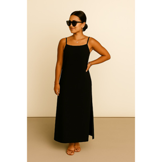 Vestido Longo Alças Ajustáveis Fenda Lateral Estiloso Minimalista Confortável em Oferta na Shopee