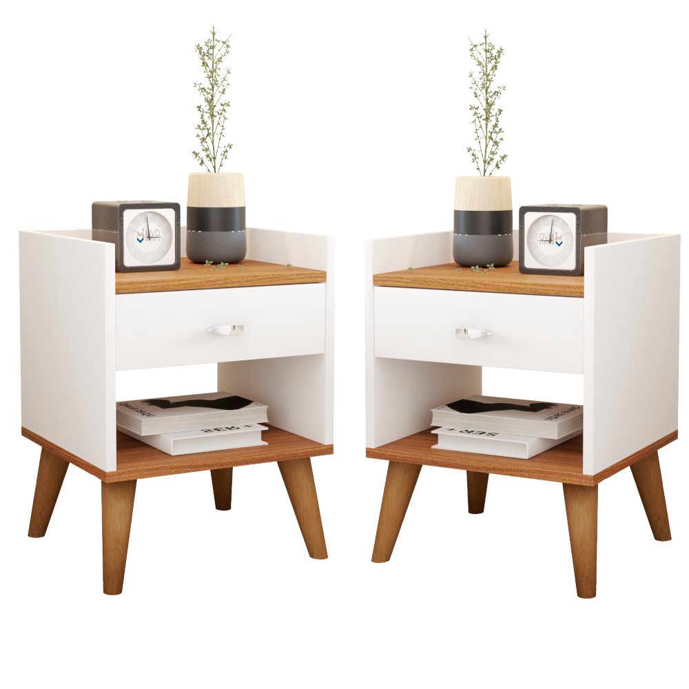 Kit 2 Mesas De Cabeceira Com Gaveta e Nicho Pés Palito Retro Cores Branco Madeira Preto MVD Móveis em Oferta na Shopee