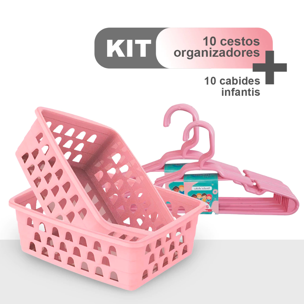 Kit 10 Cestinha Organizadora + 10 Cabides Infantil - Rosa, Azul ou Branco Kit 10 Cestinha Organizadora + 10 Cabides Infantil - Rosa, Azul ou Branco