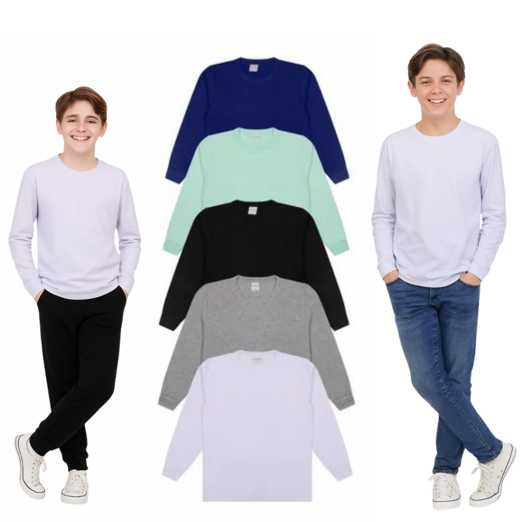 Kit 5 Camisas Manga Longa Menino e Menina 100% Algodão Escolar Básica Infantil Juvenil