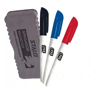 Kit 3 Canetas Lyke Azul Vermelha Preta Para Lousa Quadro Branco + Apagador Magnético Stalo