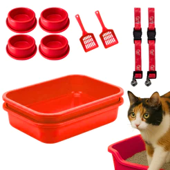 Kit Com 2 Caixas De Areia Para Gatos 2 Coleiras Ajustáveis Gato e 4 Comedouros Anti-formiga