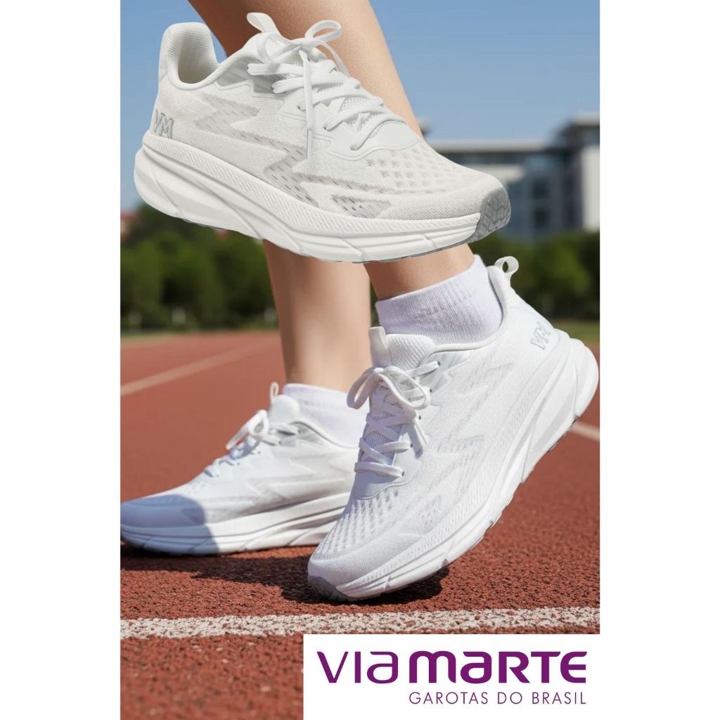 Tênis Feminino Via Marte Confortável Knit Cadarço Jogging Caminhada Knit Sapatênis 261-00 Branco
