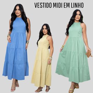 Vestido Midi Feminino Em Linho Alfaiataria Bolsos Laterais Casual Elegante P/ M/ G/ GG em Oferta na Shopee