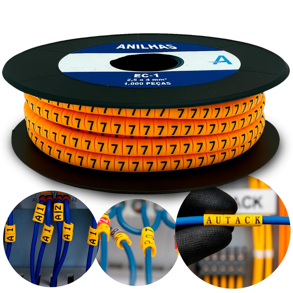 Anilha Identificador Marcador Cabos Fios Ec-1 Para Cabos de 2,5 A 4mm Numerado de 0 A 9 - 1000un