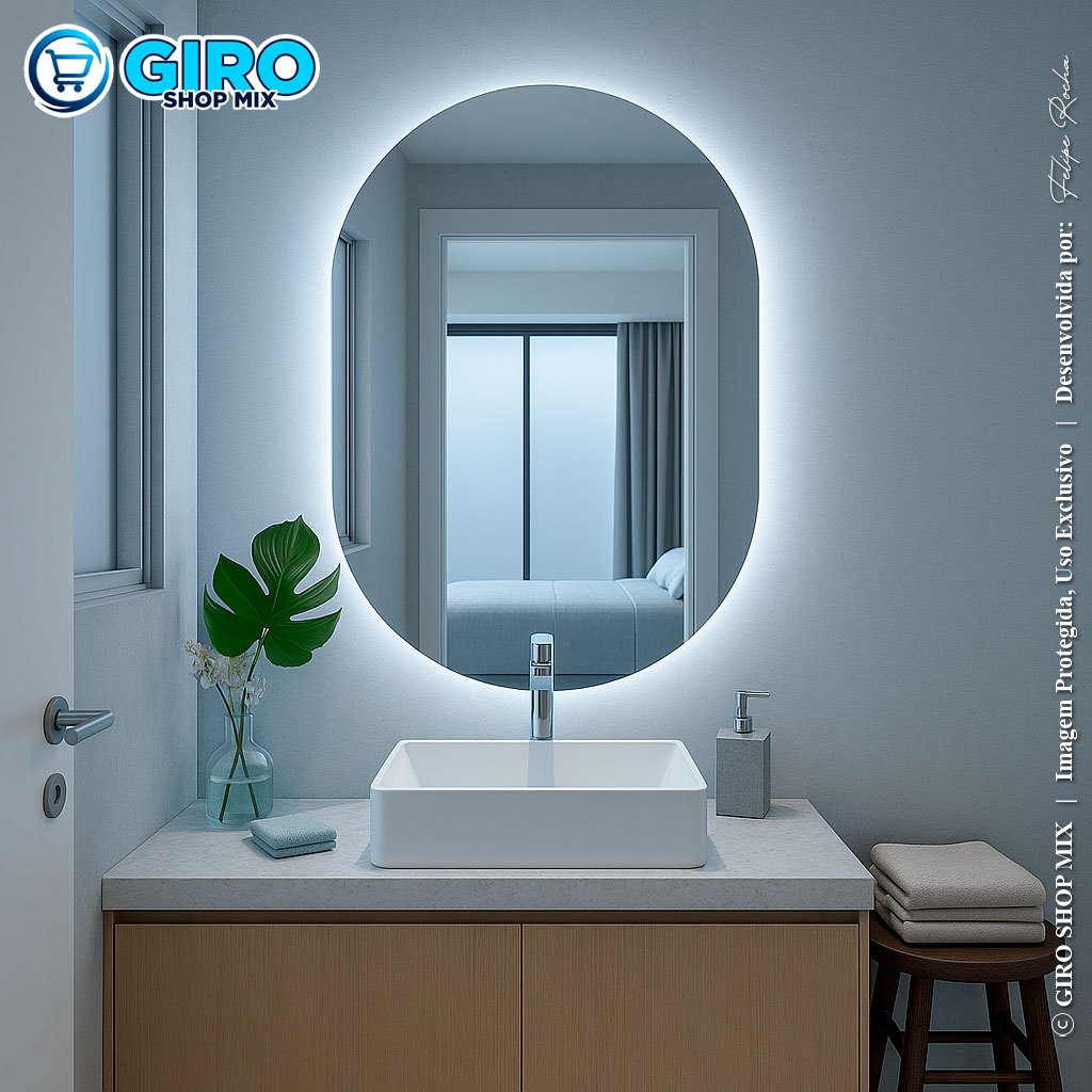 Espelho Oval Orgânico 40x50 cm | Opção com LED ou Sem | Espelho Decorativo para Banheiro Quarto Sala