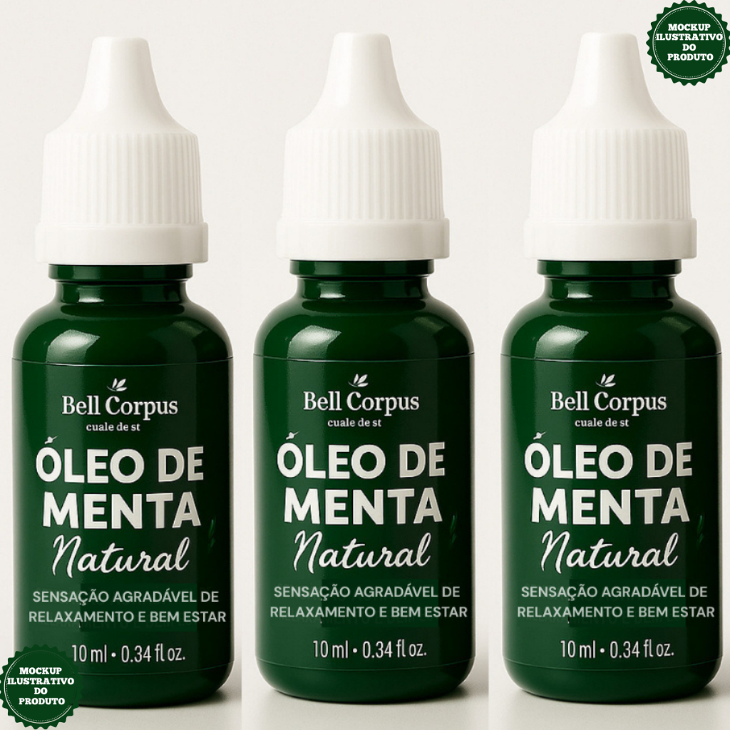 KIT COM 3 Óleo Essenciais de Menta Natural 10ml Aroma Refrescante Relaxante e Concentrado BellCorpus