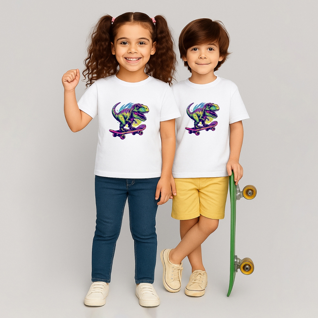 Camiseta Infantil Unissex Estampa Dinossauro Skate Estampada Algodão Menino Menina