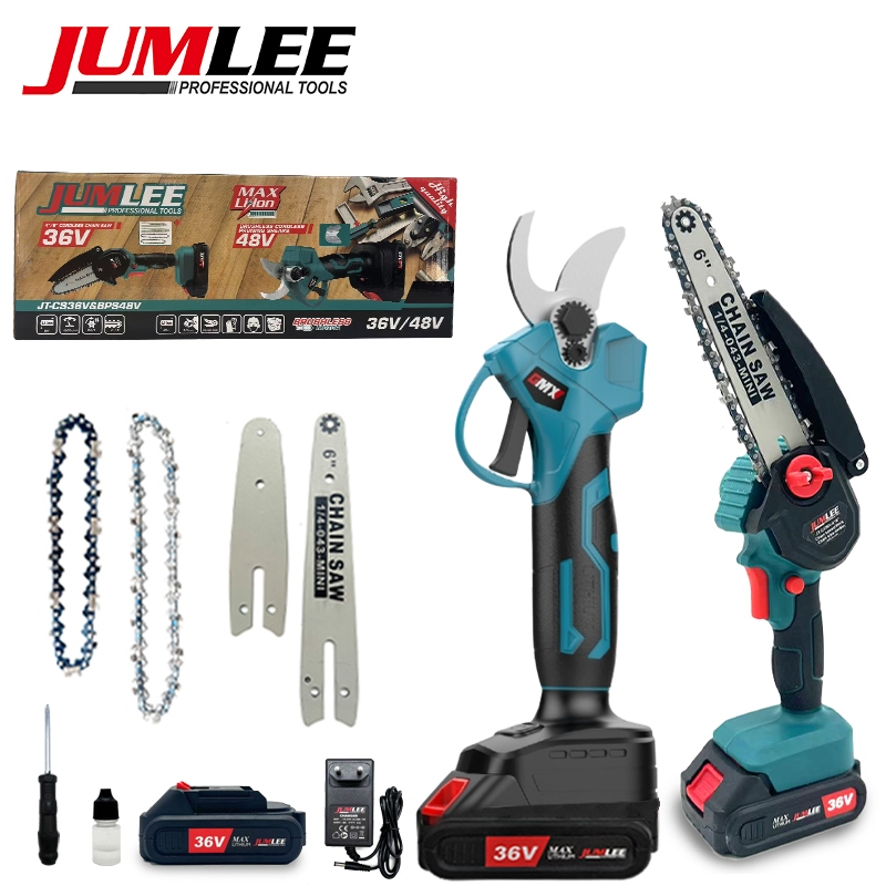Kit Tesoura Elétrica de Poda 48V e Motosserra 36V Brushless Sem Fio Bivolt Jardim e Madeira JUMLEE