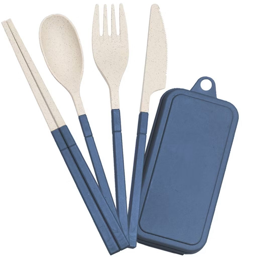 Conjunto de Talheres Retráteis Portáteis em Palha de Trigo – Estojo Compacto para Escola e Trabalho