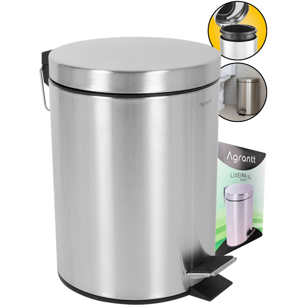 Lixo Lixeira 5 Litros Agrantt Inox Escovado Pedal Balde Removível Lavabo Banheiro Casa Escritório em Oferta na Shopee