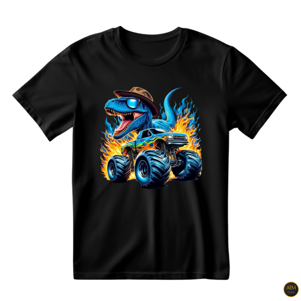 Camisa Unissex Dinossauro Azul Diversão Com Carros Estampado 100% Algodão - Envio Imediato