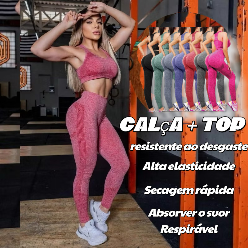 Kit Conjunto Esportivo Academia Feminino- Top e Legging, Cintura Alta, Sem Costura, Levanta Bumbum