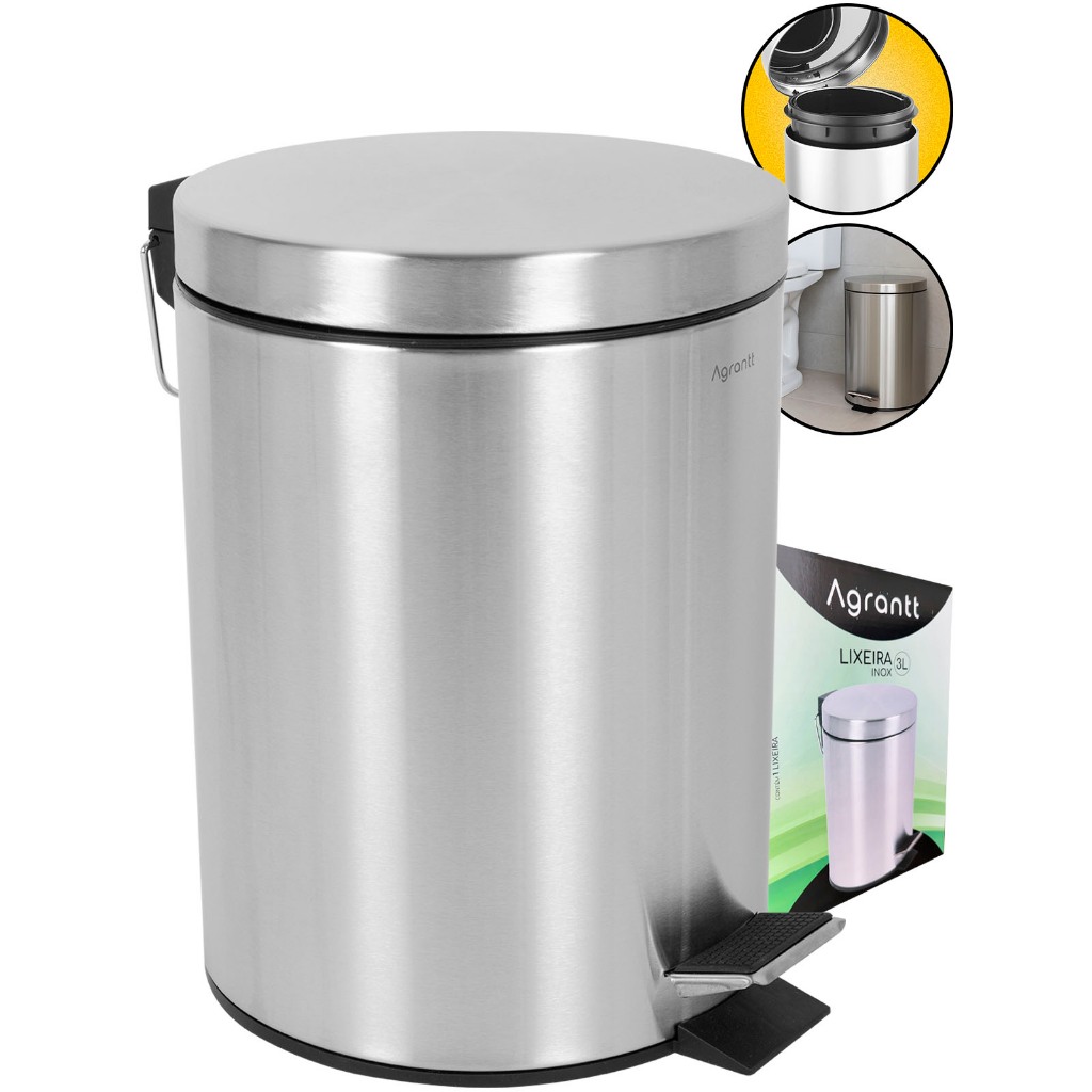 Lixo Lixeira 3 Litros Agrantt Inox Escovado Pedal Balde Removível Lavabo Banheiro Casa Escritório em Oferta na Shopee
