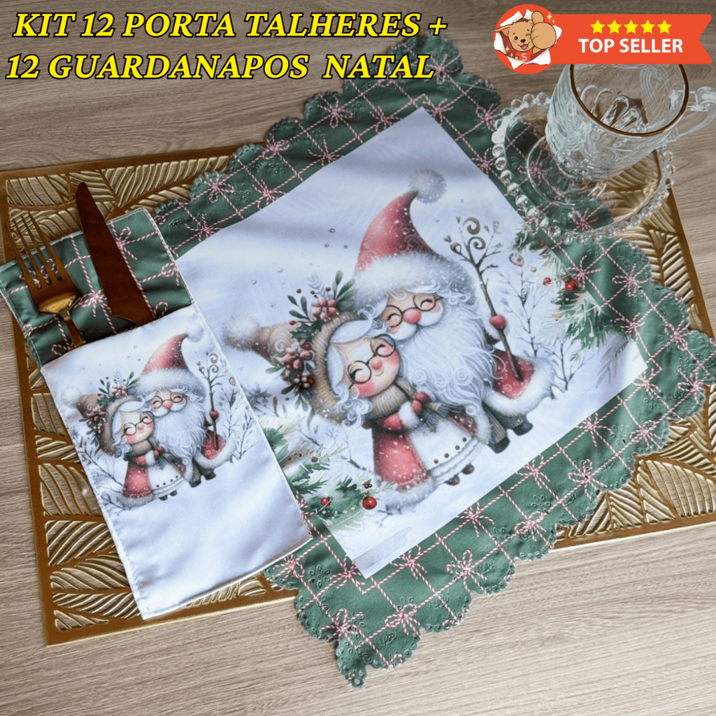 Natal Mesa Posta Kit 12 Guardanapos + 12 Porta Talheres Elegantes