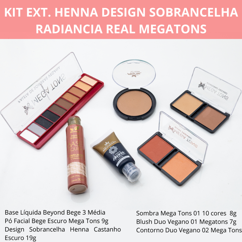 Maquiagem Kit Completo Base Bege 3 + Pó + Paleta Sombra + Blush Duo + Contorno + Henna Pronta para Uso
