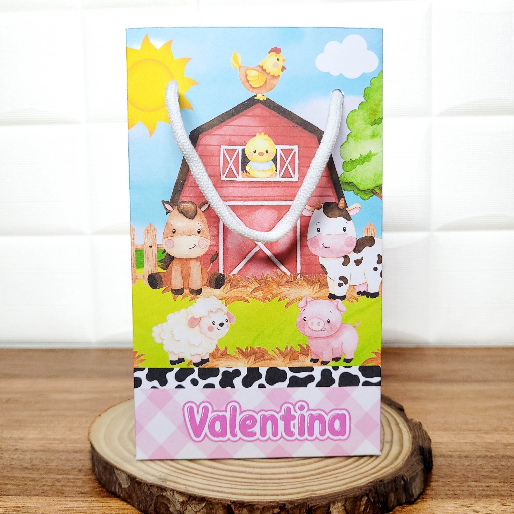 Sacolinha (P) Personalizada Lembrancinha Fazendinha Rosa.