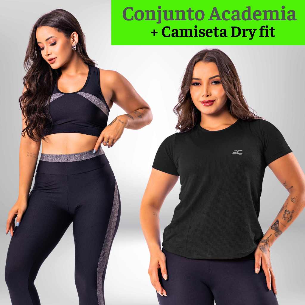 Kit 3 Peças Conjunto Fitness Feminino Roupa Academia Top + Legging + Camiseta Blusa Feminina Dry fit em Oferta na Shopee