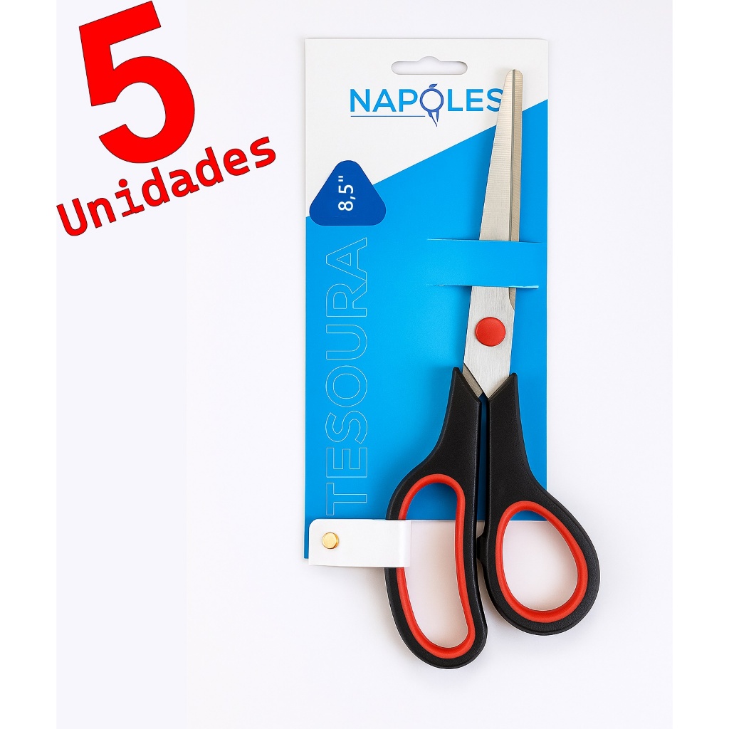 Kit com até 5 Unidades Tesoura 21cm 8,5" Aço Inox Cabo Emborrachado Escolar Escritório Costura Artesanato