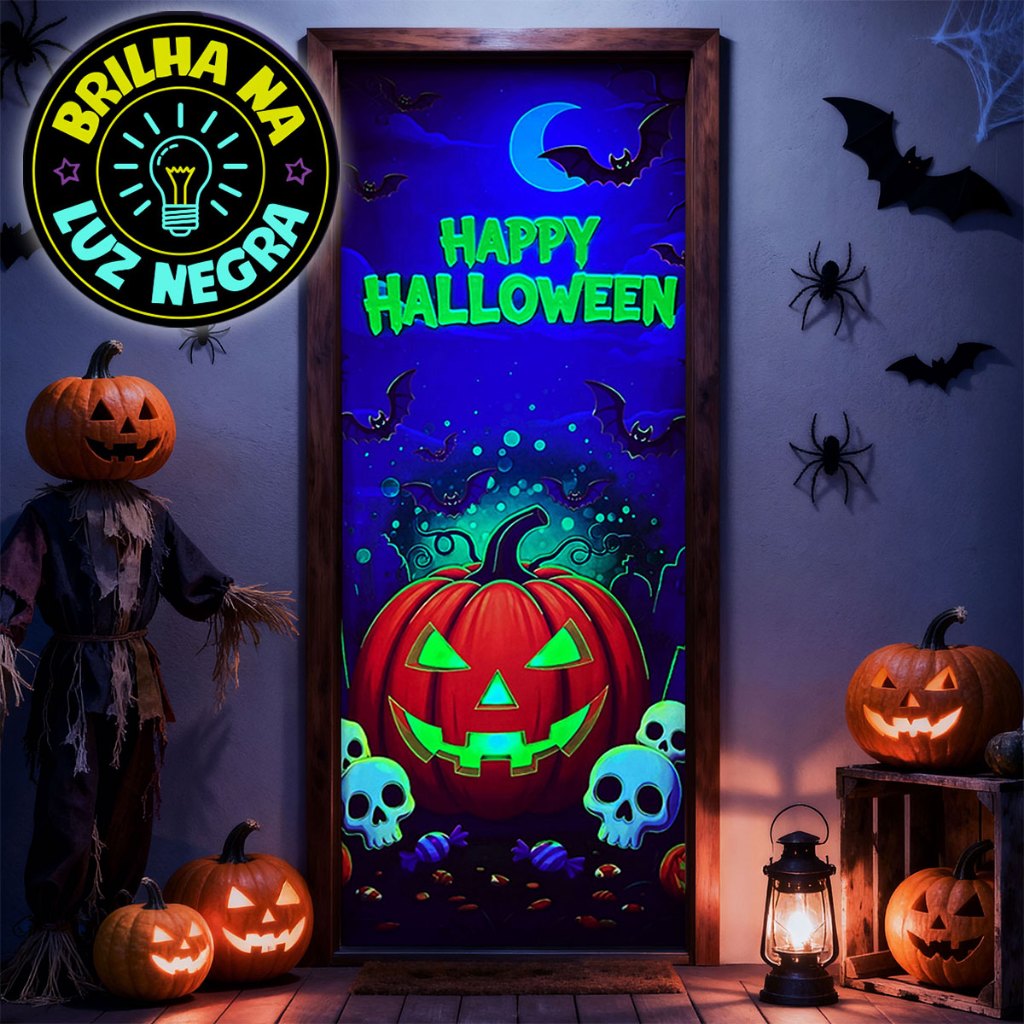 Capa Porta Decoração Happy Halloween Neon Brilha C/ Luz Negra 0,85x2,10m Tecido 