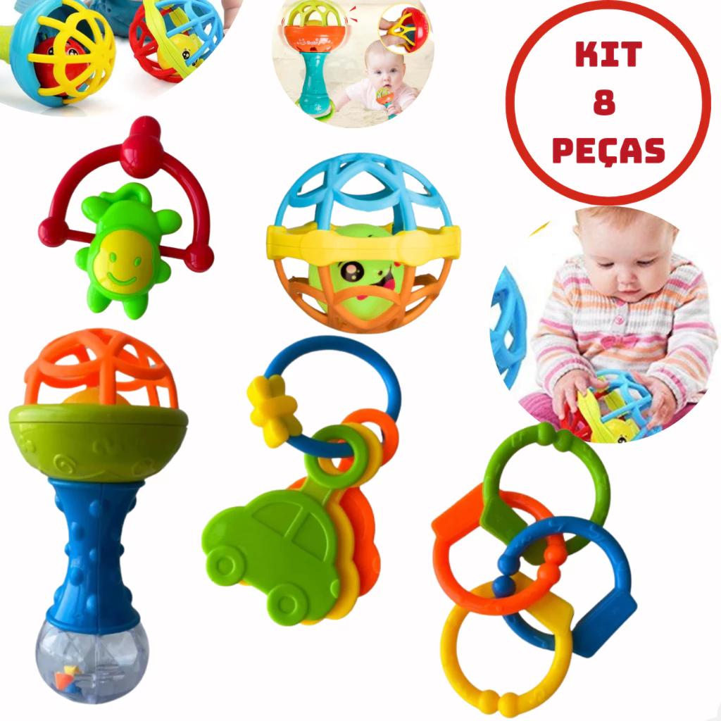 Kit Brinquedo Bebe Chocalho Mordedor Silicone Macio Bola Colorida 8 Peça Menina e Menino Móbile — imagem 2 de 2