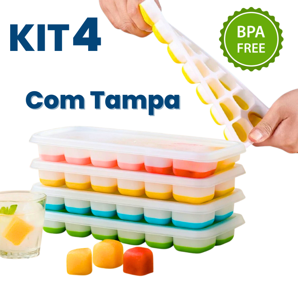 Forma De Gelo Silicone Com Tampa Rígida e Fundo Flexível Kit 4 Unidades