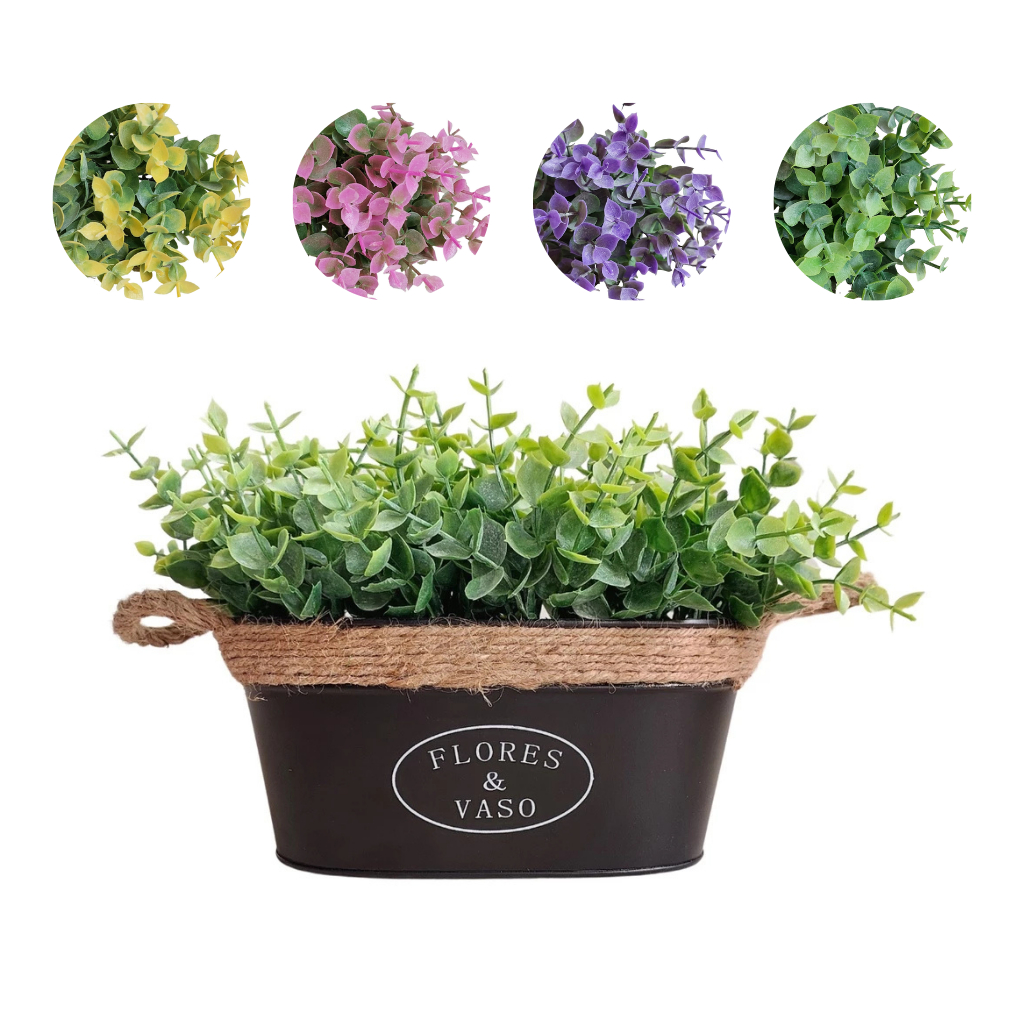 UN Floreira Preta de Lata/Metal Vintage "Flores & Vaso" com Eucalipto Flocado Artificial Cachepot Oval para Decoração
