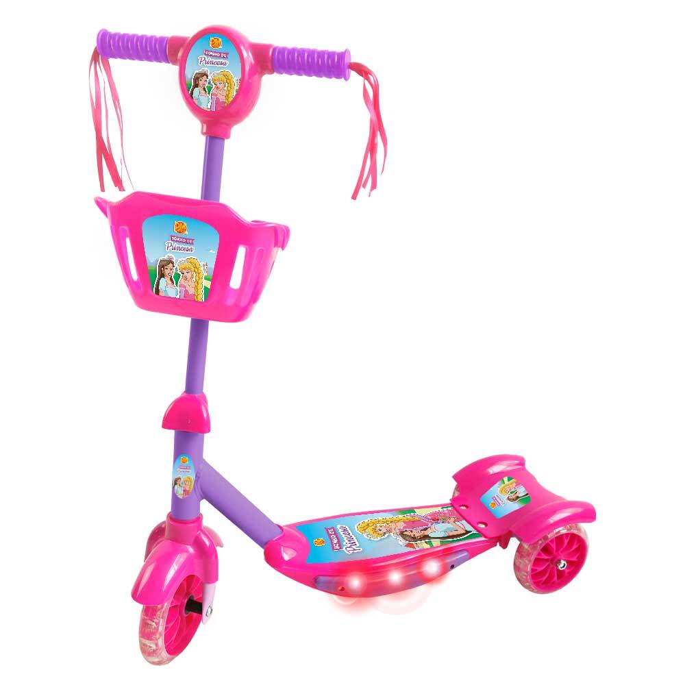 Patinete Infantil 3 Rodas com Cestinha Brinquedo Passeio Equilíbrio Luzes Kids Menina Menino