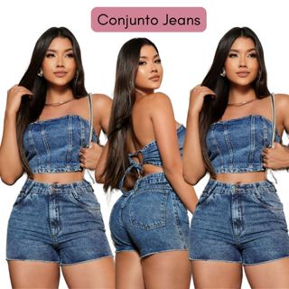 Conjunto Jeans Feminino Cropped Short Cintura Alta Marmorizado Americano Sem Elastano Laicra 100% Algodão em Oferta na Shopee