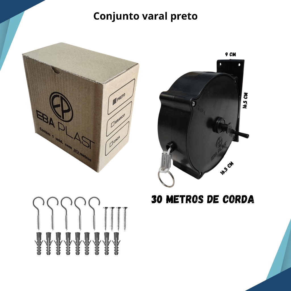 Varal de parede Retrátil / Recolhível com 30 metros de corda  (utilizável em área externa e interna)